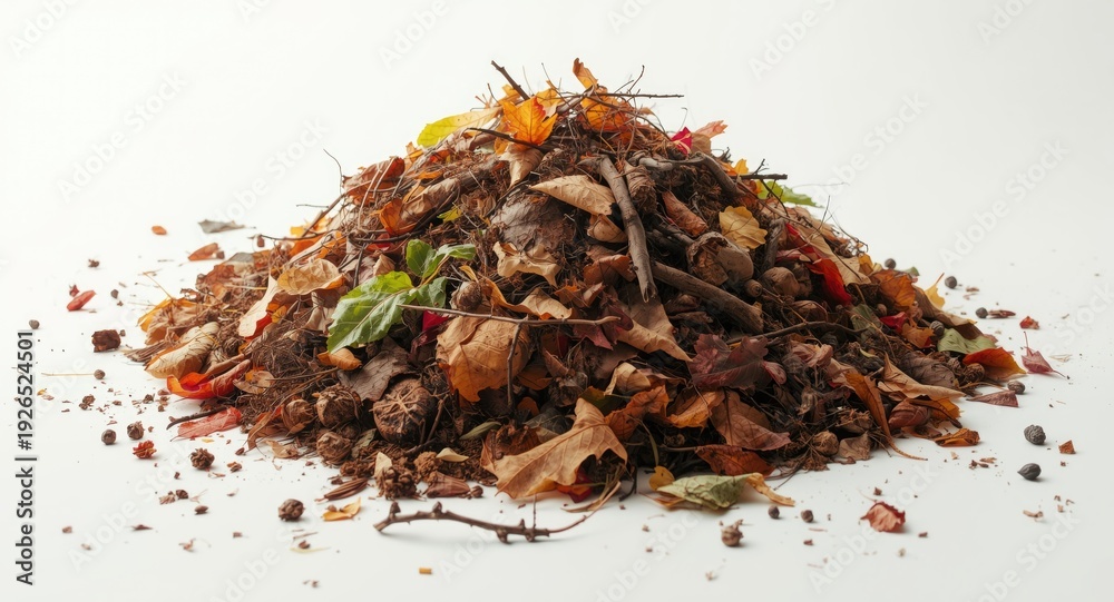 Obraz premium Organic waste composting pile on white background with natural decay process