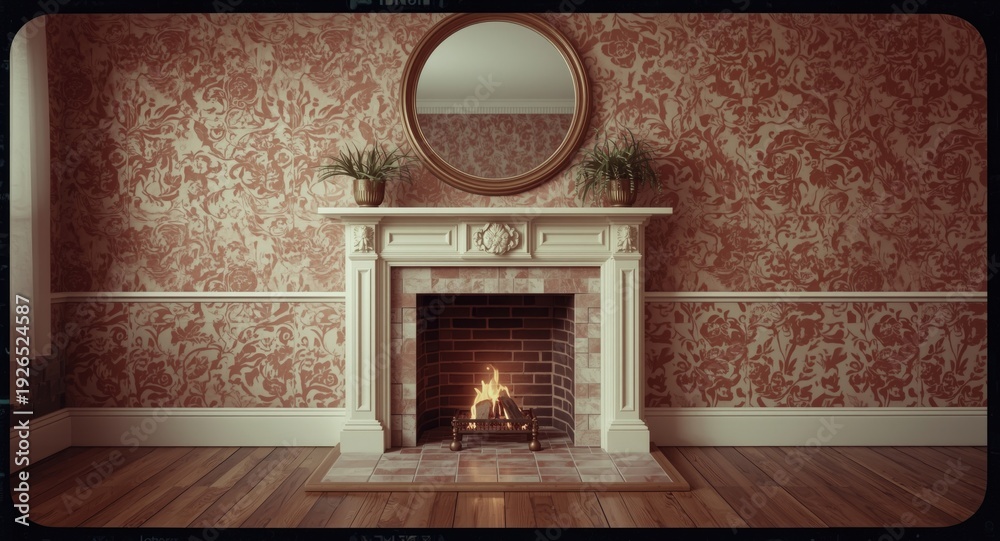 Naklejka premium Marble picket tile framed hearth accented with decorations and a big round mirror above on wooden flooring