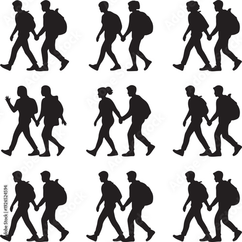Silhouette of people walking and holding hands in various poses