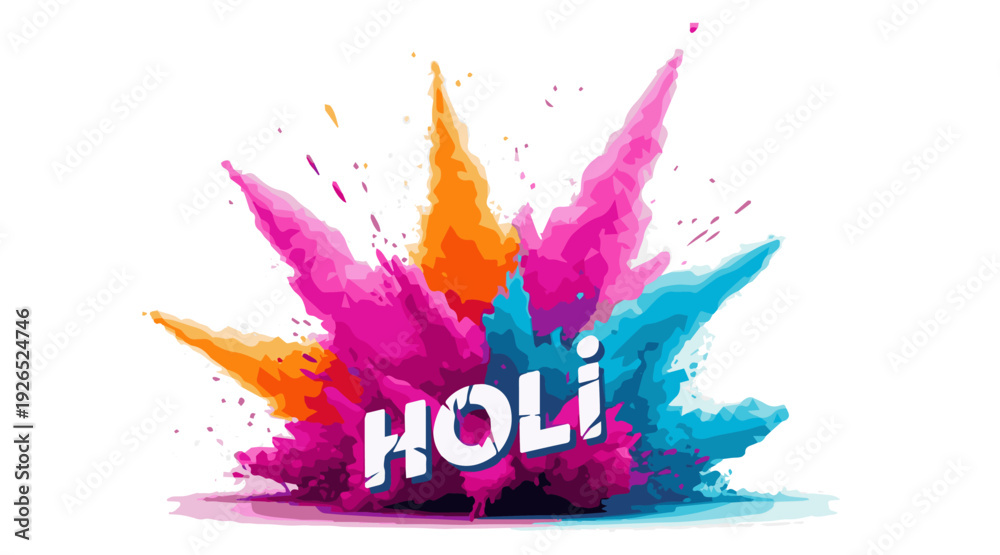 Obraz premium Happy Holi festival celebration background with vibrant colorful powder paint splashes and abstract 3D geometric explosion isolated on white.