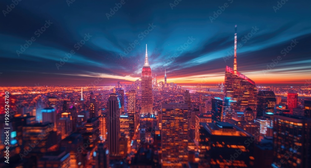 Obraz premium Artificial intelligence artwork showing a glowing city skyline during the dusk hour