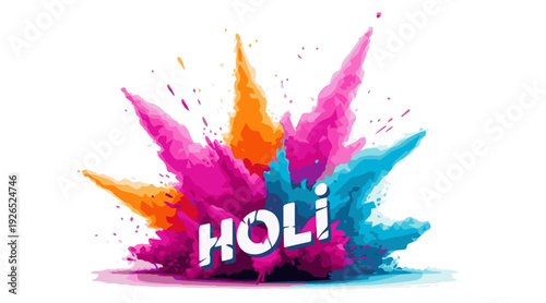 Happy Holi festival celebration background with vibrant colorful powder paint splashes and abstract 3D geometric explosion isolated on white.