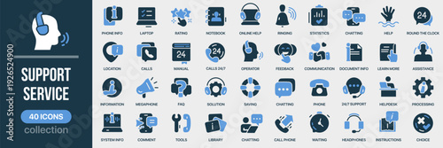 Support service fill icon collection. Includes phone, helpdesk, chat, feedback, FAQ, and operator symbols. Created in colored style with blue palette