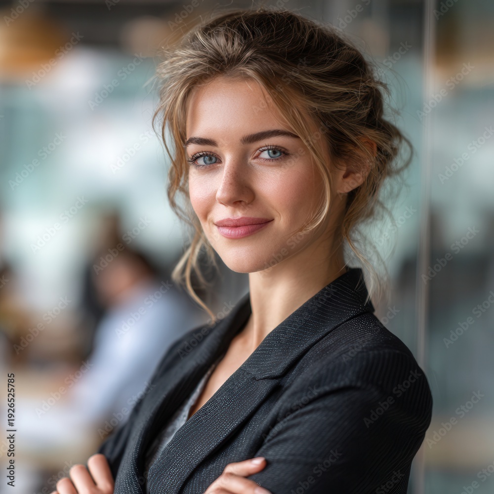 Fototapeta premium A woman with a smile on her face is wearing a black jacket