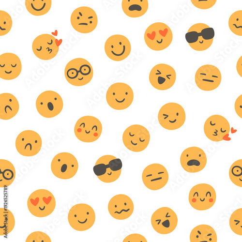 Seamless pattern with yellow emoji. Texture with face emotion expressions. Hand-drawn vector pattern on white background for textile or wrapping paper