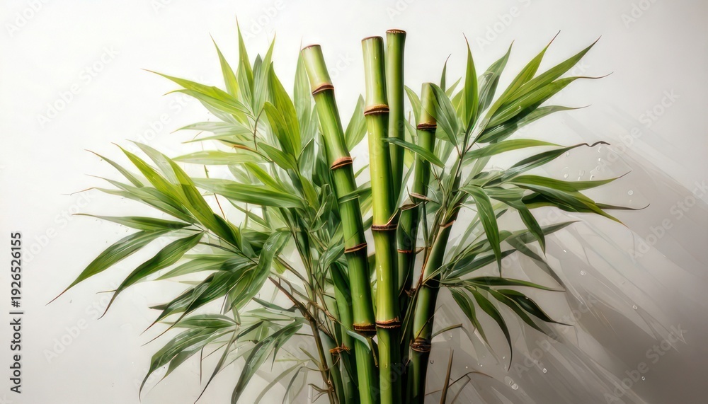 Obraz premium Lush Bamboo Plant with Green Leaves Against a White Background.