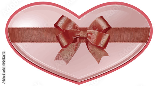 A pink heart-shaped box with a red ribbon and bow on top, conveying a sense of love and giving