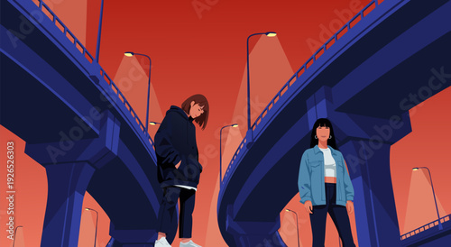 Vector Illustration of Two Individuals Facing Each Other on a Modern Bridge Against an Orange Sky