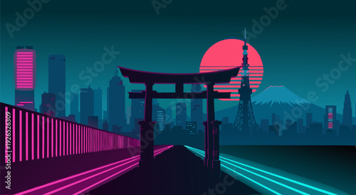 Vector illustration of vibrant neon cityscape with torii gate, sunset, and serene bridge at dusk