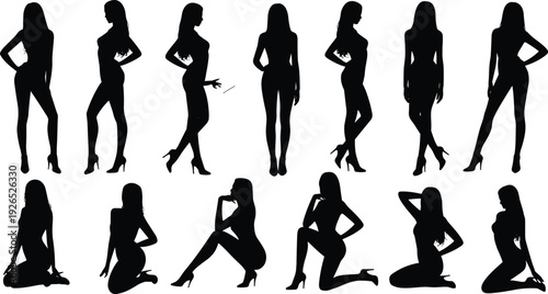PrintFemale silhouette poses collection, standing and kneeling posture illustration, high heel body outline vector artwork, fashion design graphics, gesture reference icons