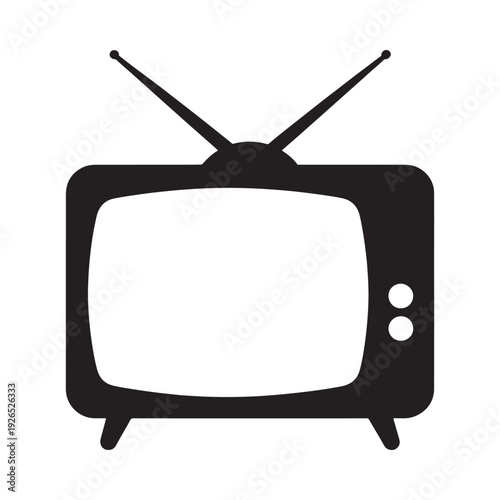 A simple black silhouette of a vintage television set with antennae