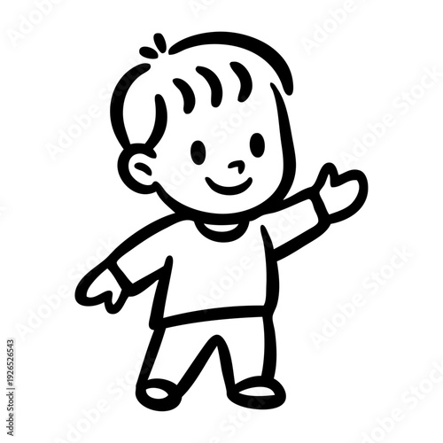Dibujo sencillo con líneas de niño pequeño alegre de pie saludando