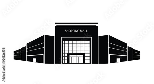 A minimalist black and white illustration of a shopping mall facade