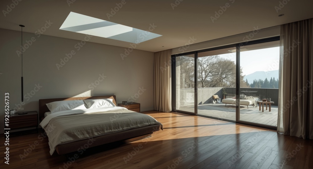 Fototapeta premium Modern bedroom with natural lighting from skylight, hardwood floors, pendant light, and terrace opening