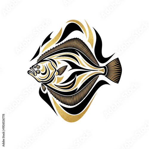 Stylized Flounder Fish Emblem with Gold and Black Swirls