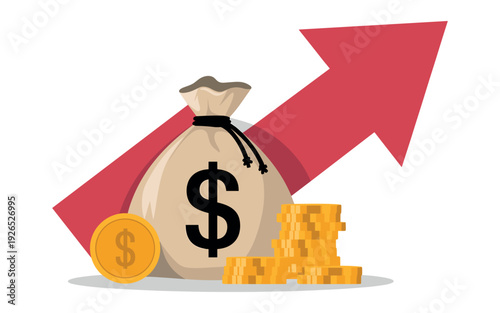 Vector illustration of money bag, gold coins, upward red arrow, symbolizing prosperous financial growth and investment on white.