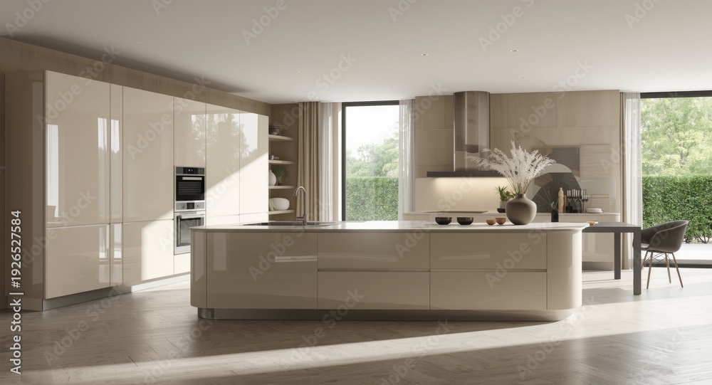 Fototapeta premium Modern kitchen interior featuring elegant furniture and spacious layout