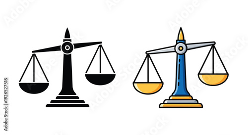 Scales of justice depicted in both black and colorful illustrated versions