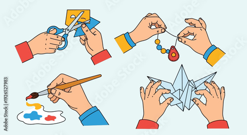 Hands engaged in creative activities like crafting, painting, and making paper art from various viewpoints