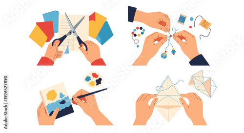 Hands crafting various colorful shapes and designs with scissors and tools