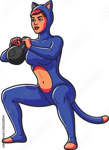Woman in a detailed blue cat costume performs a deep kettlebell squat exercise with focused concentration.