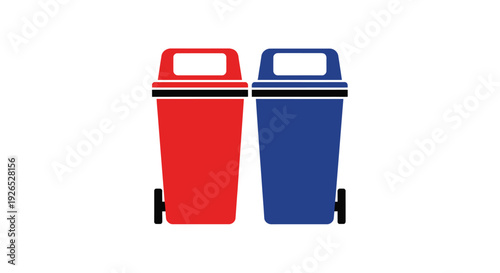 Red and blue recycling bins stand side by side on a white background