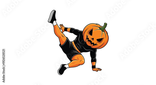 Pumpkin-headed breakdancer performs an athletic freeze move in a dynamic pose against a white background.