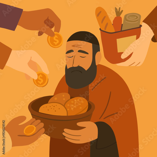 Flat vector illustration of matanot la'evyonim charity scene with hands giving coins and food to the needy