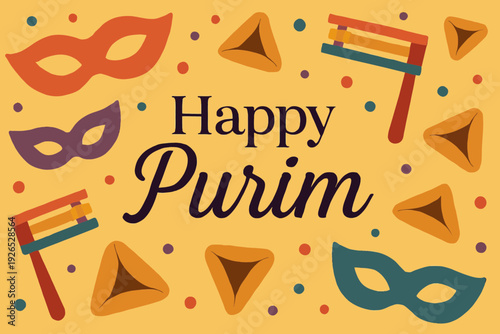Flat vector festive banner with "Happy Purim" text in elegant font, surrounded by masks, groggers, and hamantaschen icons