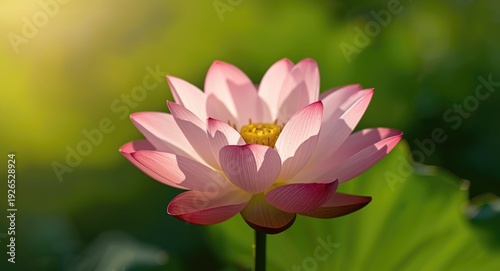 Zoomed in vibrant lotus flower framed by green natural backdrop featuring artistic abstract floral representation of water in spring summer