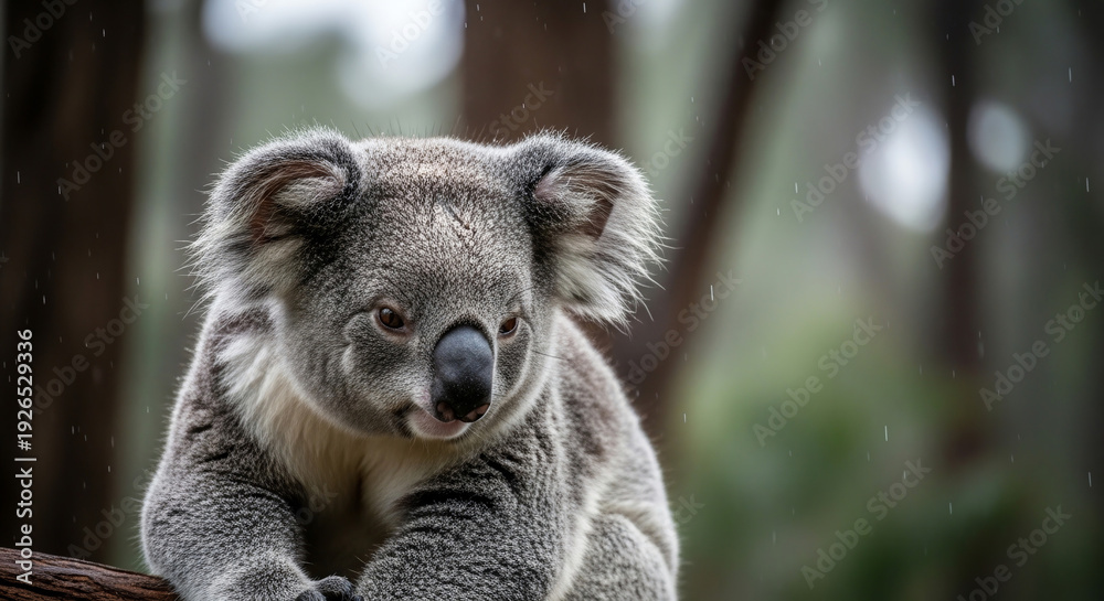 Fototapeta premium Close-up portrait of a sleepy koala resting on a branch in a natural Australian forest habitat with green foliage and soft, natural light.