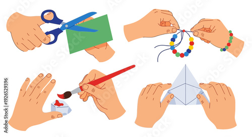 Hands crafting a paper object with scissors, glue, and colored strings in a creative activity