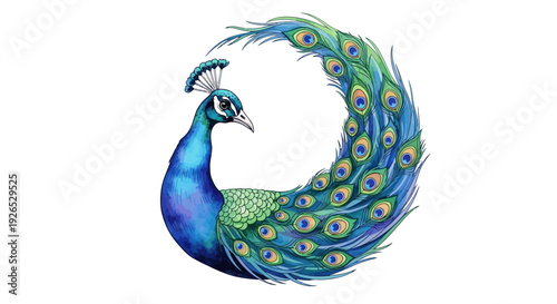 Vibrant peacock displaying majestic feathers in a circular formation viewed from the side