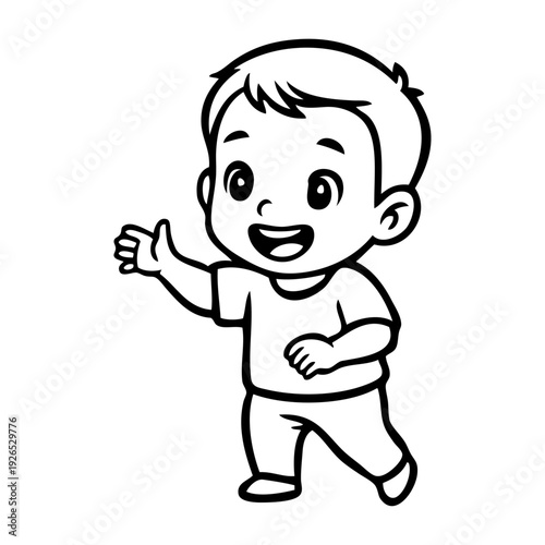 Dibujo sencillo con líneas de niño pequeño alegre de pie andando saludando