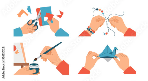 Hands engaged in creative activities around a workspace with crafting and art supplies