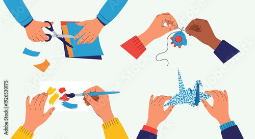 Diverse hands creating art together with scissors, paper, and other craft supplies in a collaborative environment