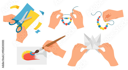 Hands engaged in various creative activities around a palette of colors and art supplies