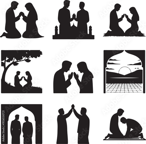 Silhouette of people in various prayer and worship poses in different settings