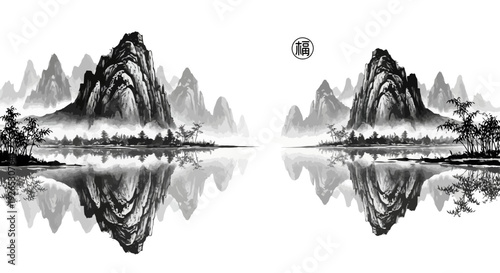 Serene mountains reflected perfectly in calm lake waters, a tranquil scene from a high vantage point, 