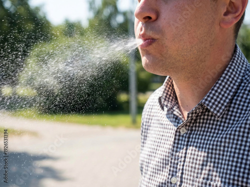 Close-up of a man exhaling a spray of water droplets outdoors on a sunny day.