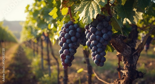 Juicy grapes dangling from grapevine in a well-tended vineyard setting