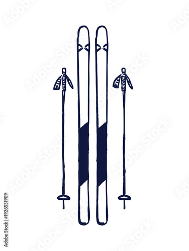 A minimalist illustration depicts a pair of skis with poles showcasing winter sports equipment