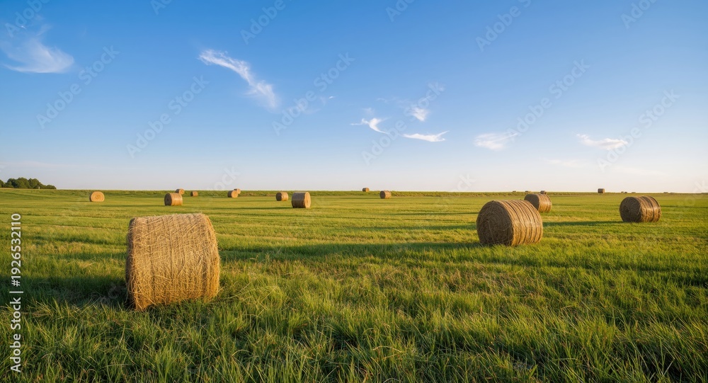 Fototapeta premium Open green field with hay bales positioned throughout under a bright clear sky