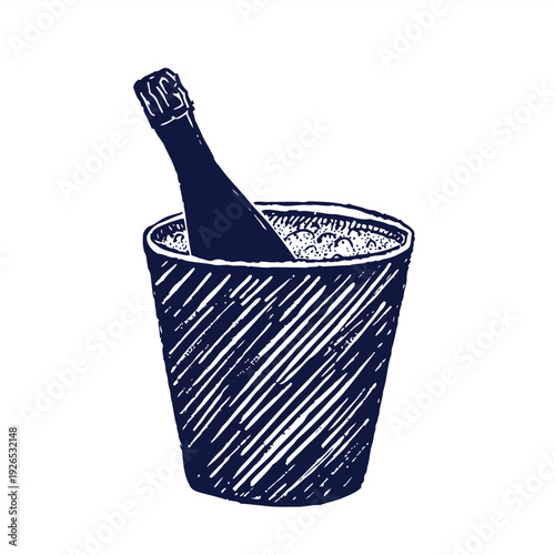 A detailed blue toned sketch depicts a champagne bottle chilling in an ice filled bucket