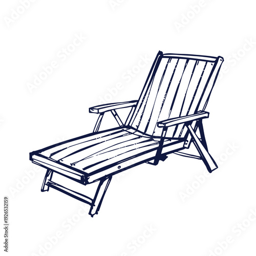 A simple line drawing depicts a wooden beach chair perfect for relaxing in the sun