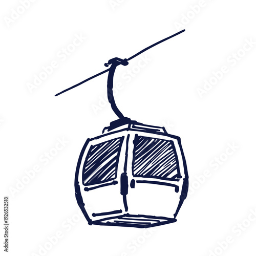 A simple blue sketch depicts a cable car suspended mid air showcasing a minimalist artistic style