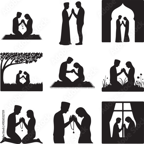 silhouette of people praying and worshipping together in various poses and settings