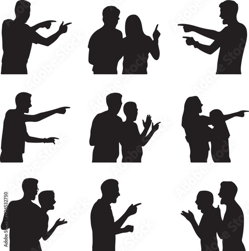 Silhouettes of people talking and pointing at each other in various poses
