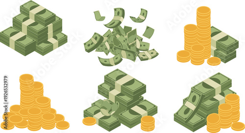 money cash and coins collection, dollar banknote stacks falling bills, finance wealth concept, flat vector illustration isolated background