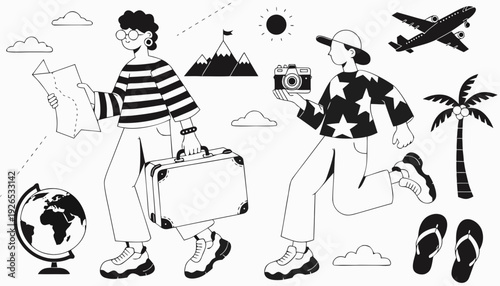 Very beautiful black and white line art illustration of children traveling with suitcase, map, camera, globe, mountains, airplane, palm tree, sun, and flip flops in playful composition.
